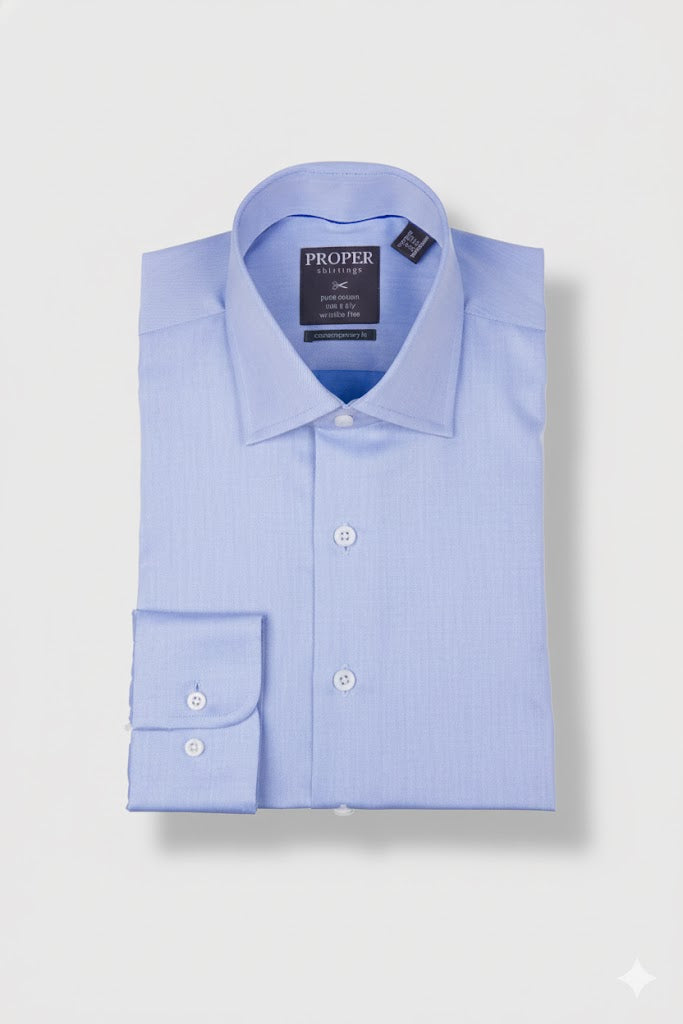 Proper Shirtings - Blue - Dress Shirt - 100% Cotton - 100's 2-ply - Wrinkle Free - Contemporary Fit
