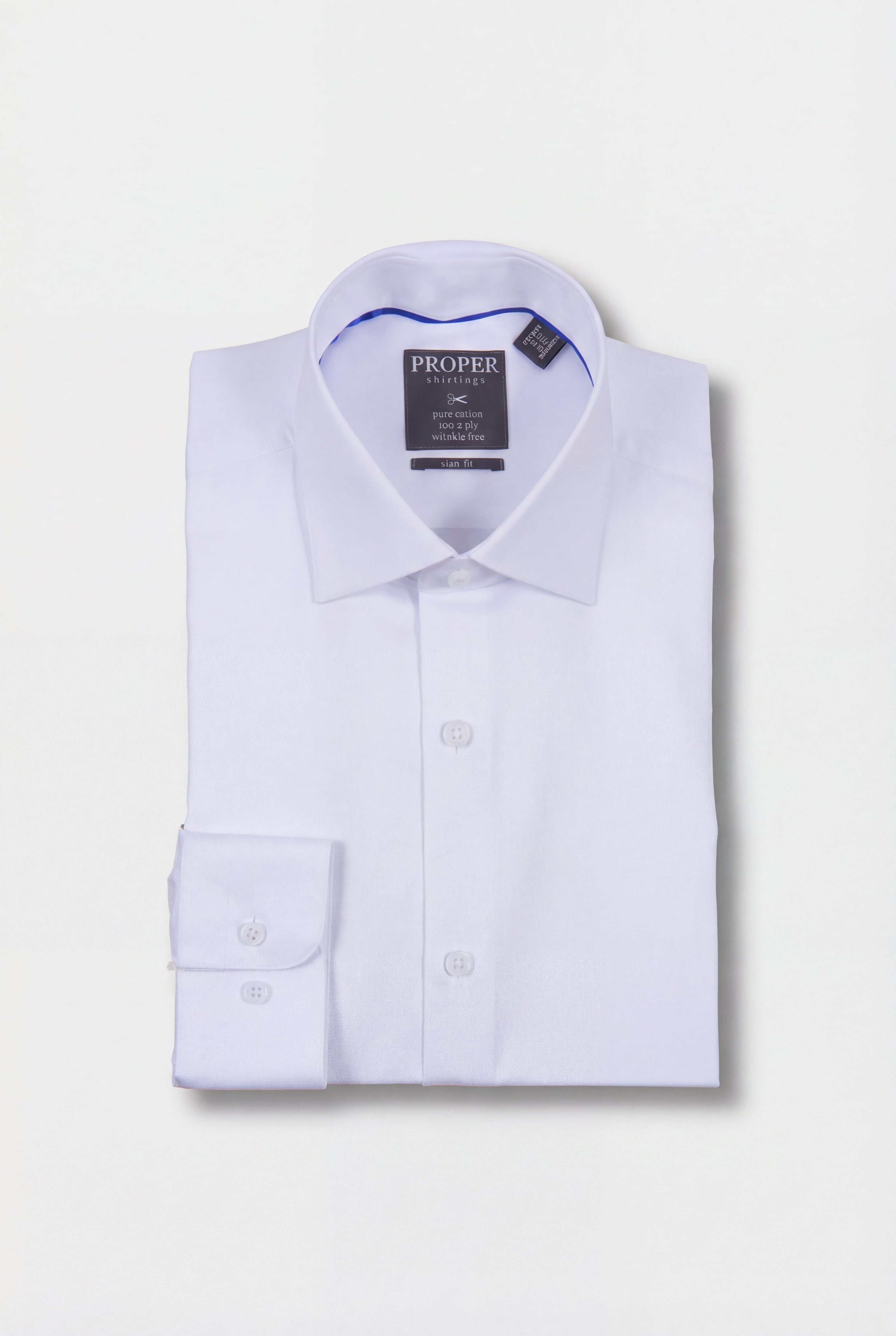 Proper Shirtings - White -100% Cotton - 100's 2-ply - Wrinkle Free - Dress Shirt - Slim Fit